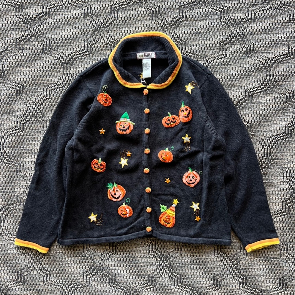 Vintage Tiara International Sweater Womens XL Black Halloween Cardigan Pumpkin